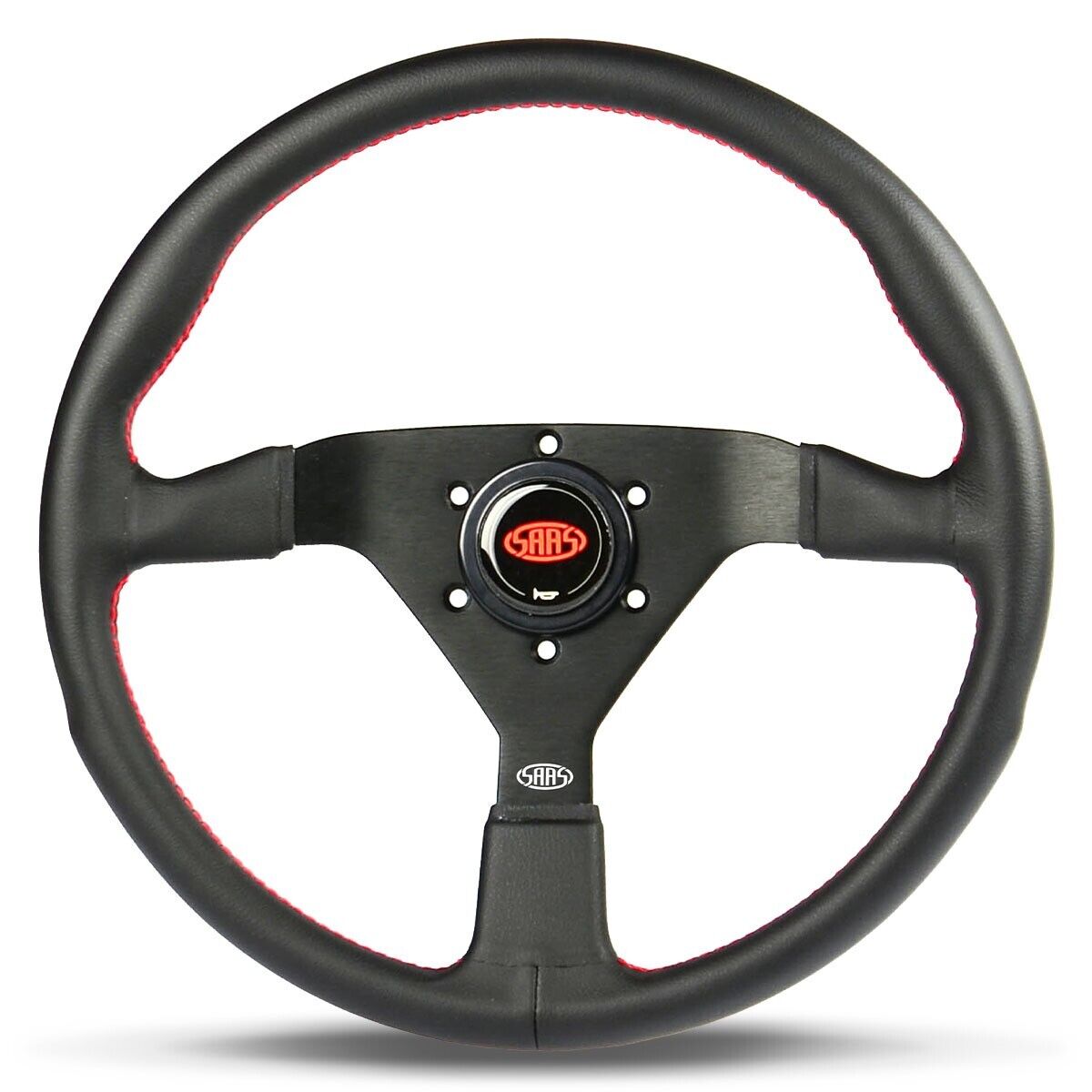 SAAS Steering Wheel Leatherette 14" ADR Black Spoke Red Euro Stitch HDT Style