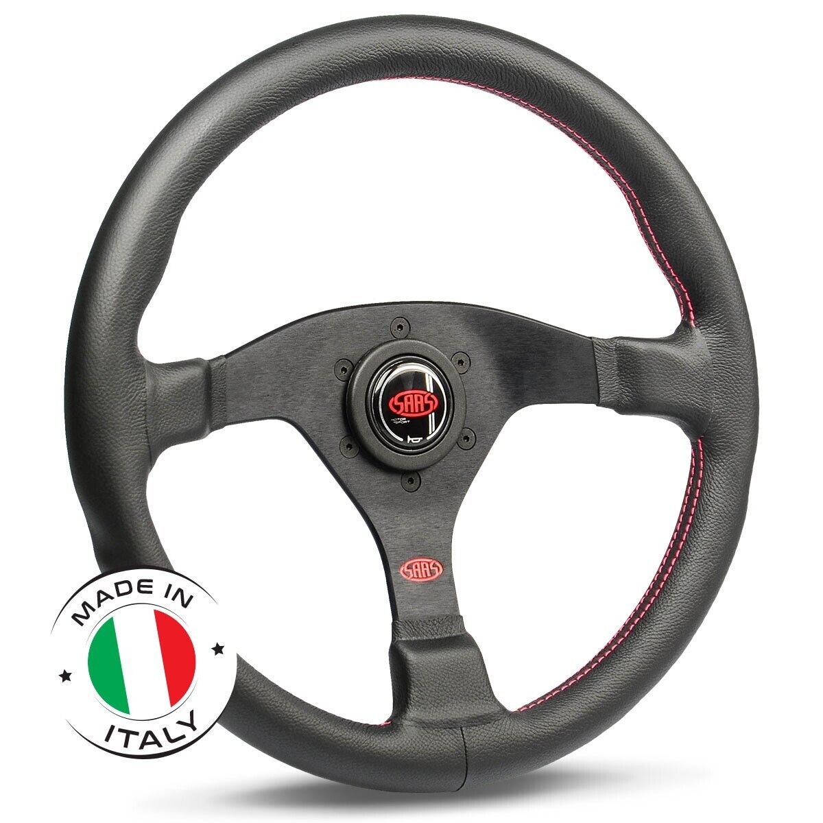 SAAS Steering Wheel Leather Lusso 14"/350mm Contoured Grip Red Stitch