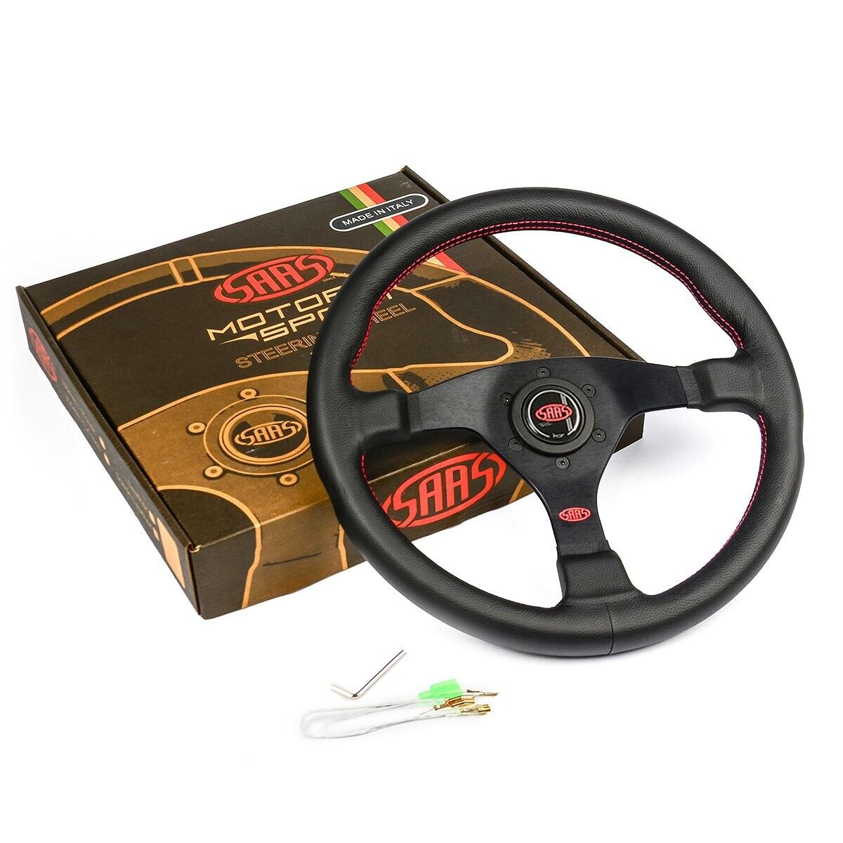 SAAS Steering Wheel Leather Lusso 14"/350mm Contoured Grip Red Stitch