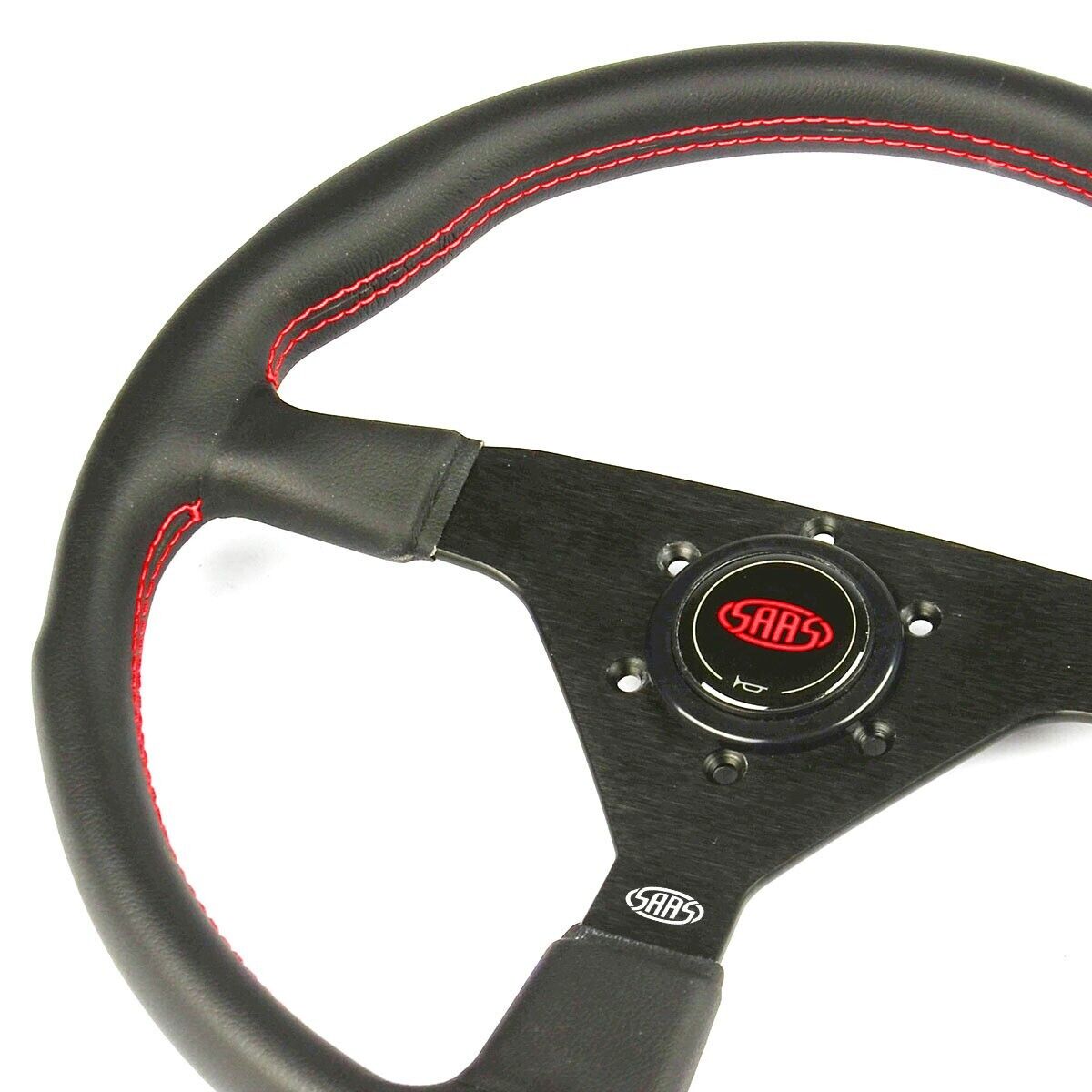 SAAS Steering Wheel Leatherette 14" ADR Black Spoke Red Euro Stitch HDT Style