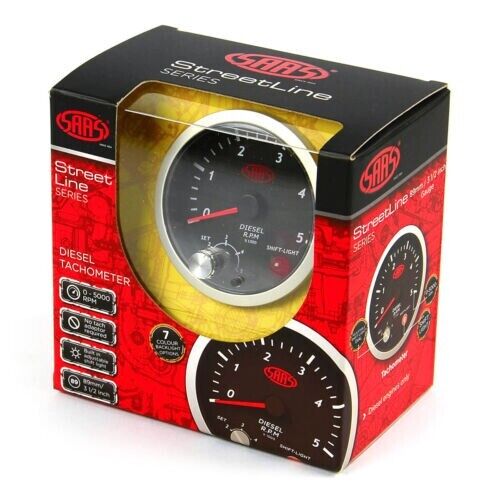 SAAS Tachometer Tacho Diesel 0-5K Shiftlite 3-1/2 Gauge 98mm Black Streetline
