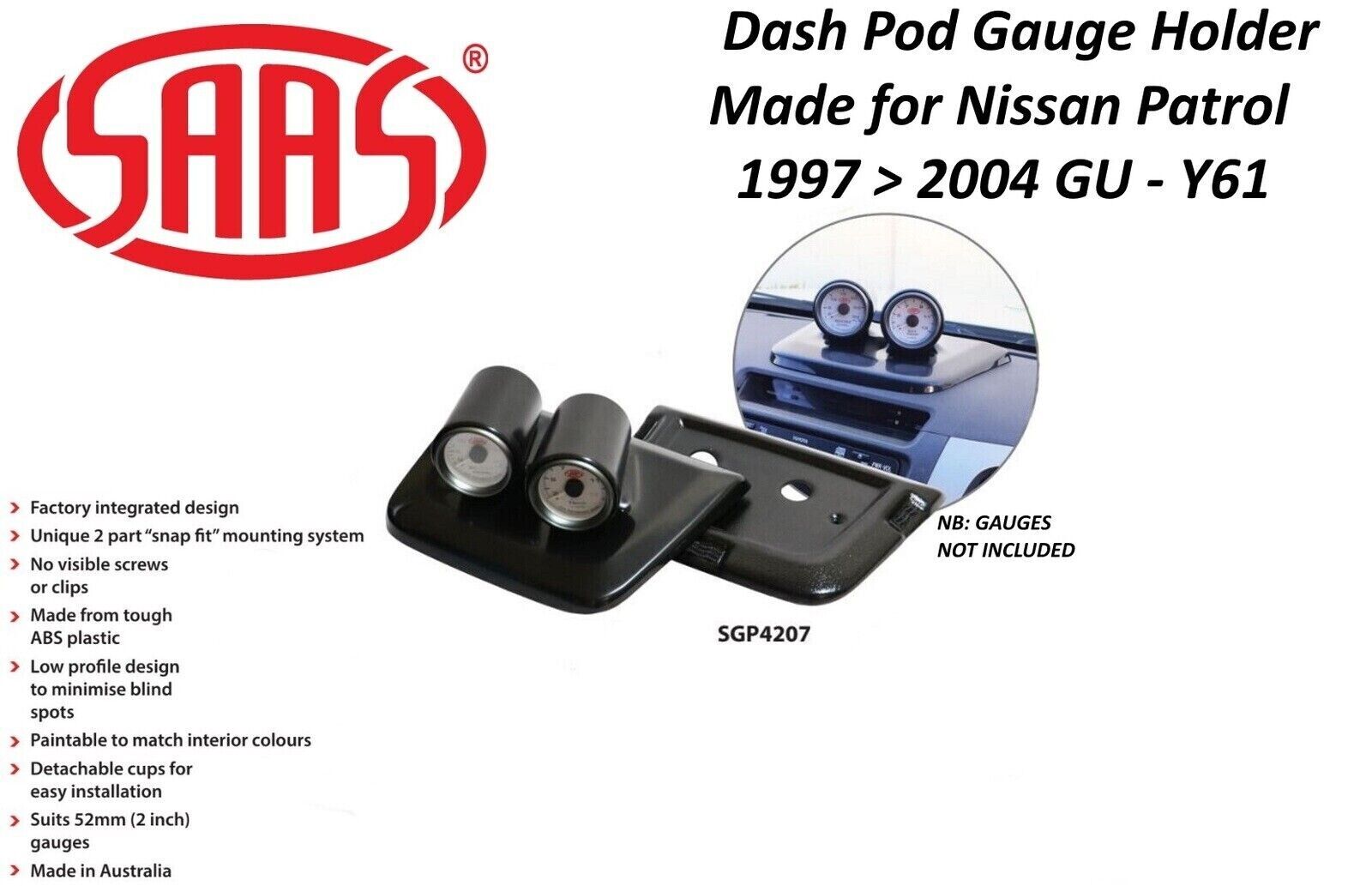 SAAS Gauge Top Dash Pod for Nissan GU Patrol Y61 1997>2004 2 Gauges 52mm