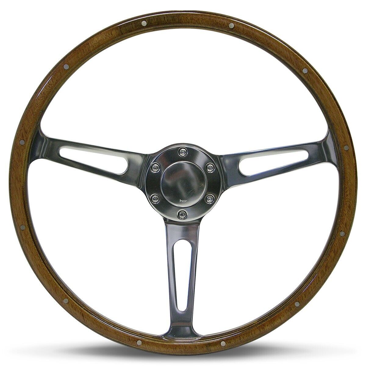 SAAS Steering Wheel Wood 15" ADR Classic Polished Alloy Slots + Rivet