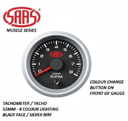SAAS Tacho Tachometer 52mm Analog Gauge Black Face Silver Rim 4 Colour Lighting