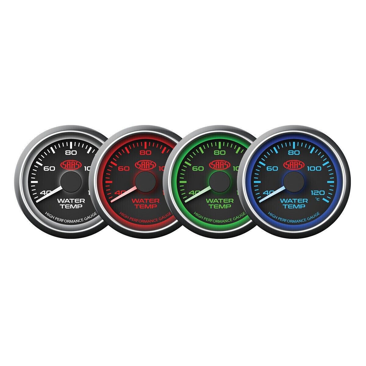 SAAS Water Temp Gauge Black Face Dial 52mm Multi Colour + Sender & Fitting Kit