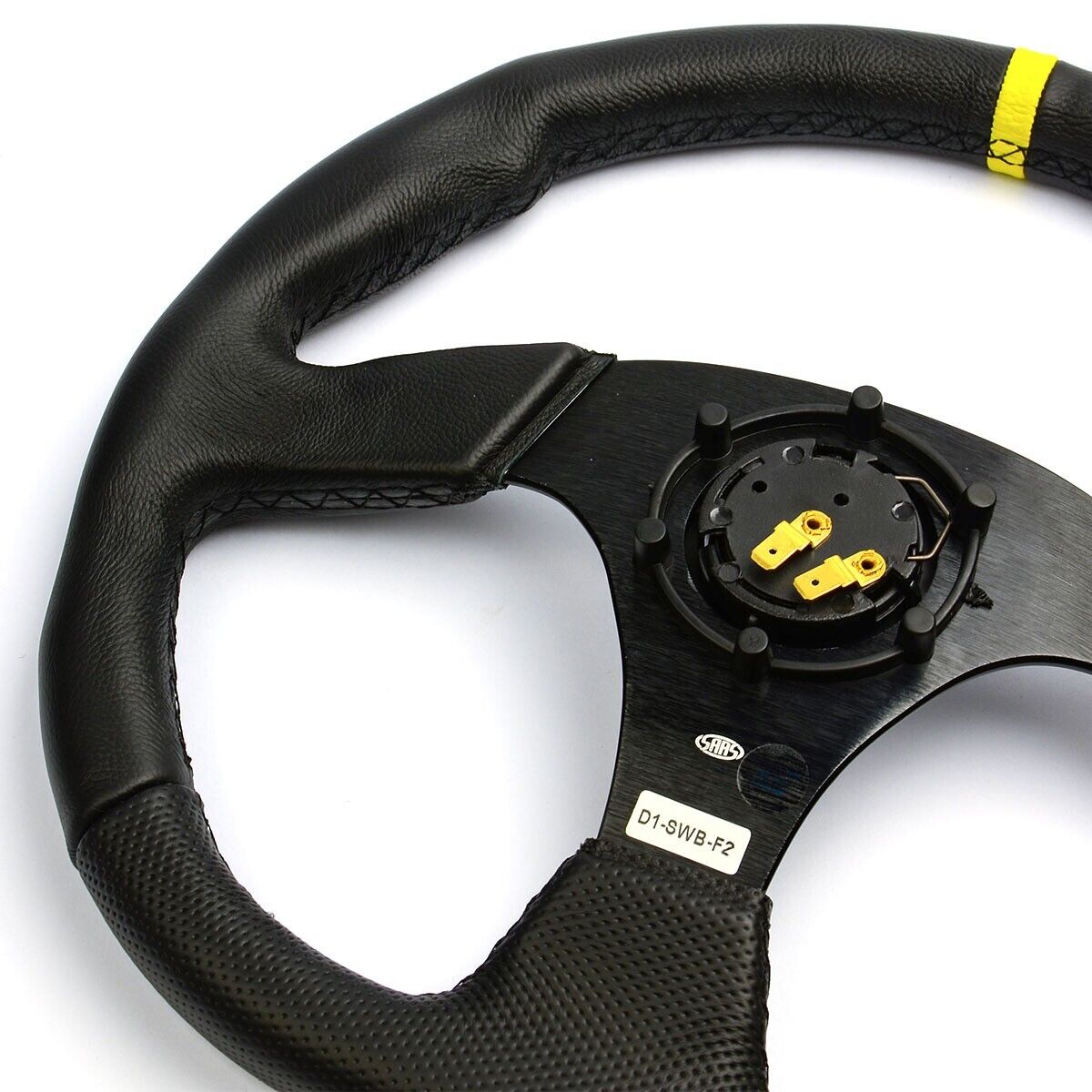 SAAS Steering Wheel Leather 14" ADR Black Flat Bottom + Indicator