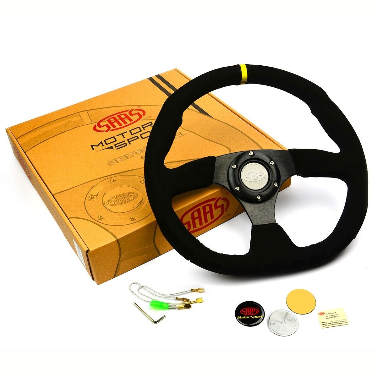 SAAS Steering Wheel Suede 14" ADR Black Flat Bottom + Indicator