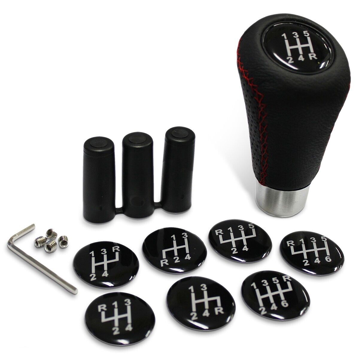 SAAS Genuine Black Leather Gear Knob with Red Stitching Knob 8 Shift Patterns
