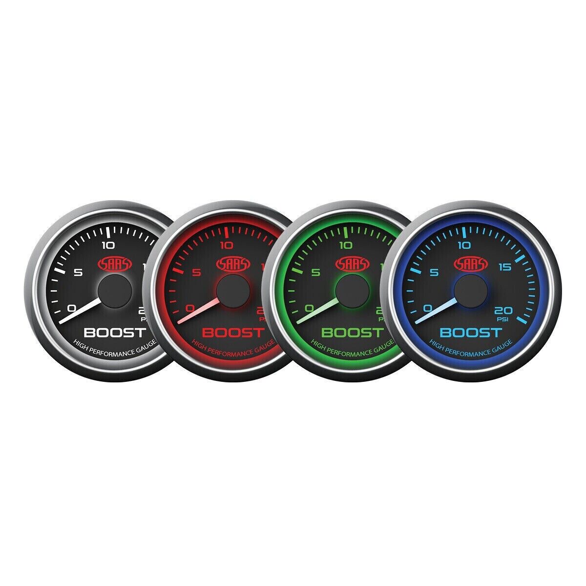 SAAS SG-TBD52B1 Boost 52mm 2in 0 > 20 PSI Analog Gauge Black Face 4 Colour Light