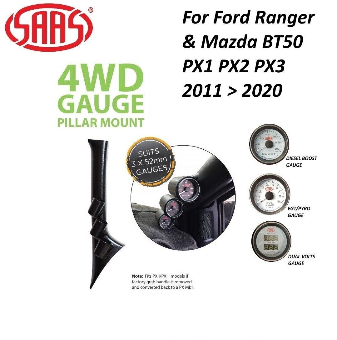 SAAS Pillar Pod 3 X Gauge Kit for Ford Ranger PX 2011>22 Boost EGT Gauges Volt