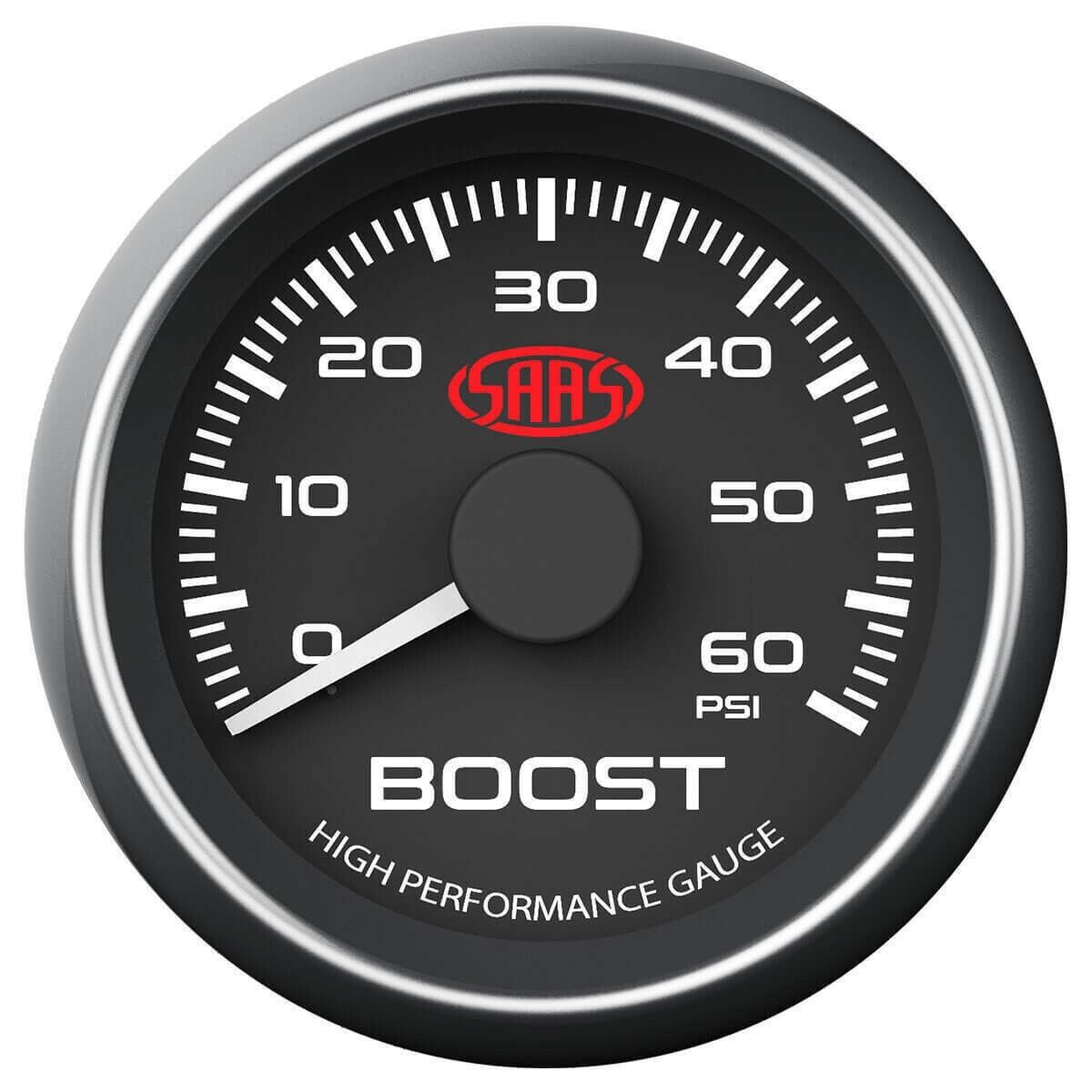 SAAS Boost 52mm 2in 0>60 PSI Analog Gauge Black Face 4 Colour Lighting Diesel