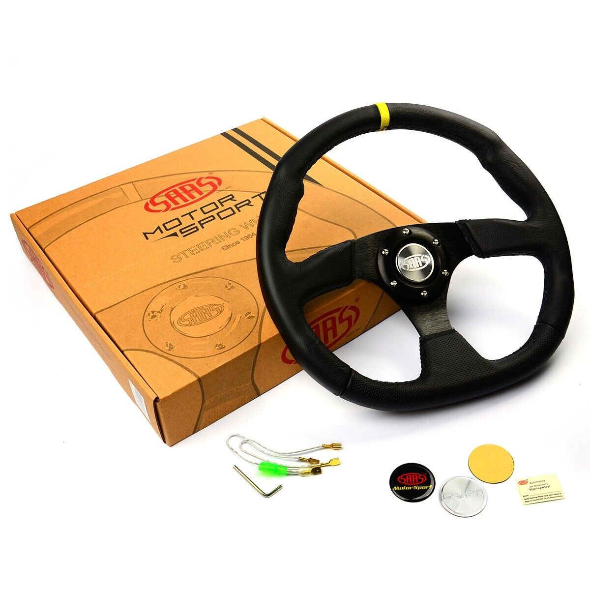 SAAS Steering Wheel Leather 14" ADR Black Flat Bottom + Indicator