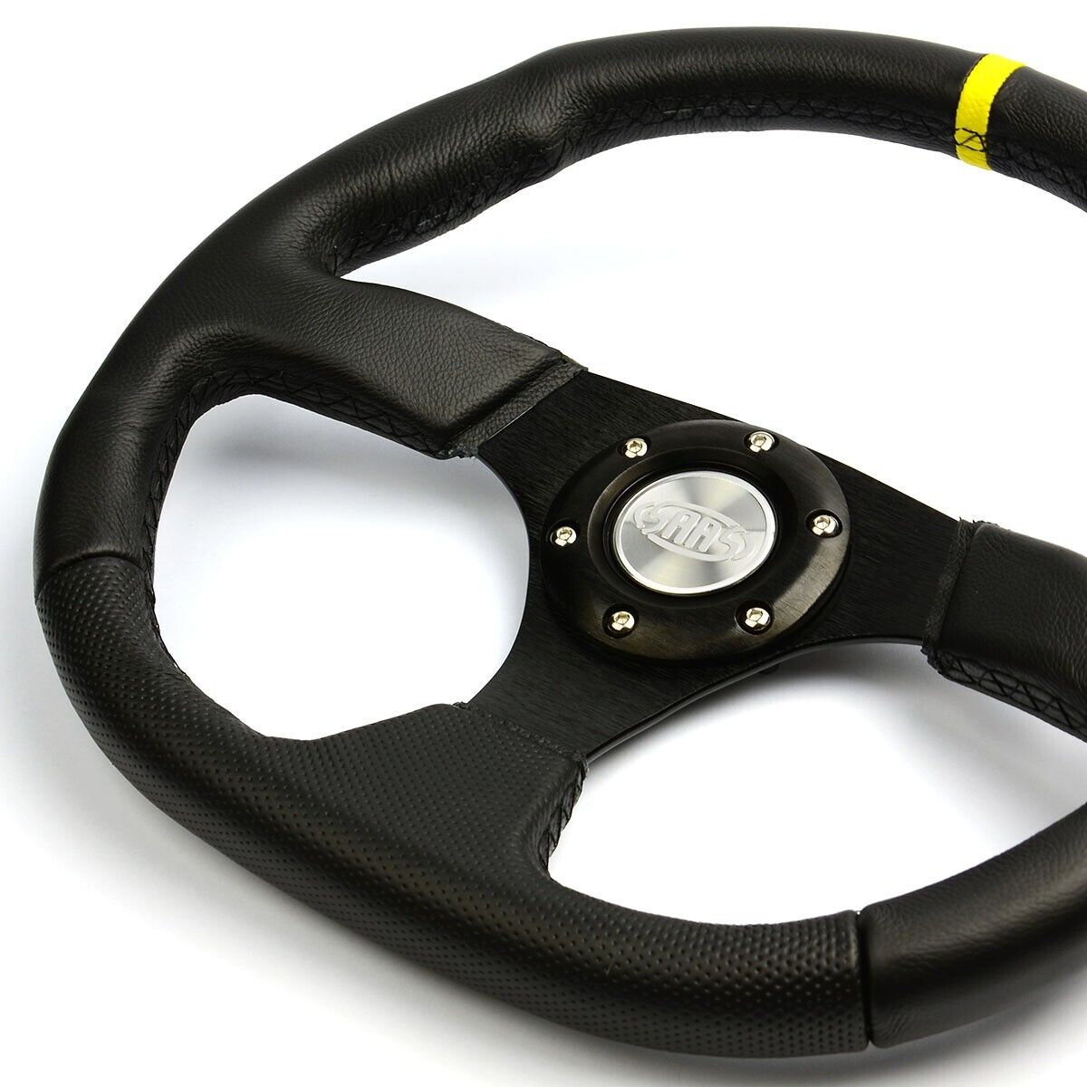 SAAS Steering Wheel Leather 14" ADR Black Flat Bottom + Indicator