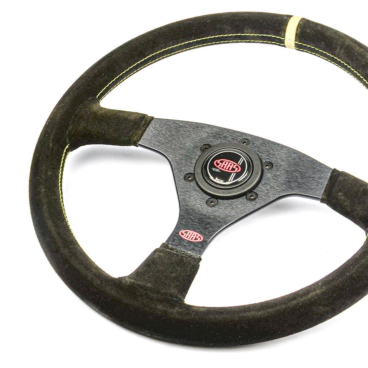 SAAS Steering Wheel Suede Sprint 14"/350mm Indicator Rounded Grip Yellow Stitch