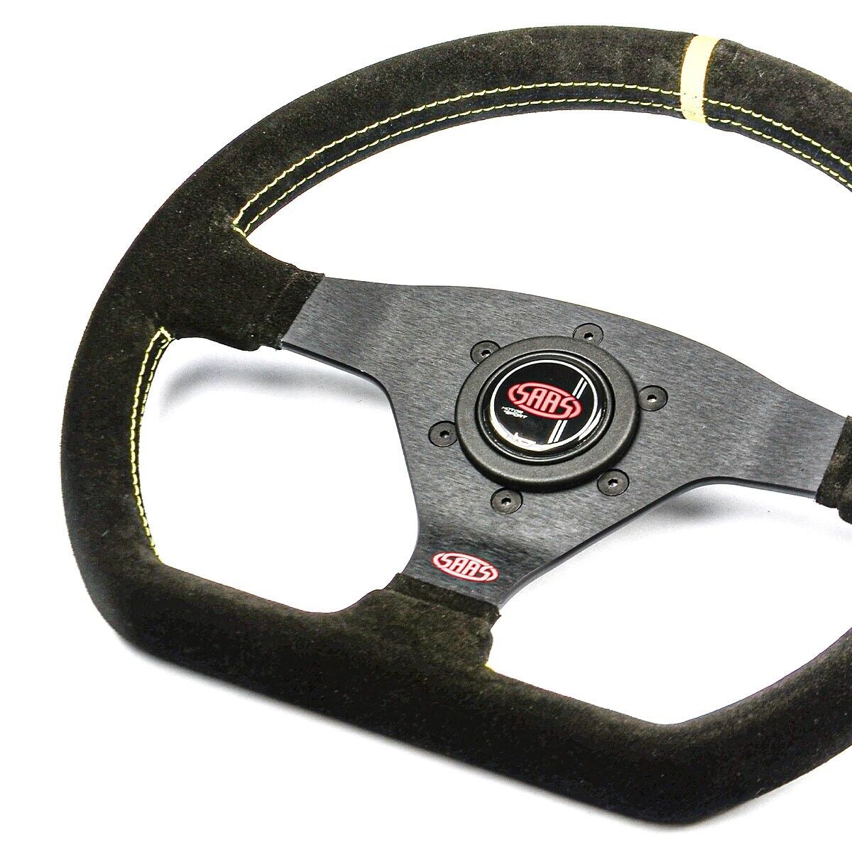 SAAS Steering Wheel Suede Racing 12.6"/320mm Indicator Rounded Grip Yellw Stitch