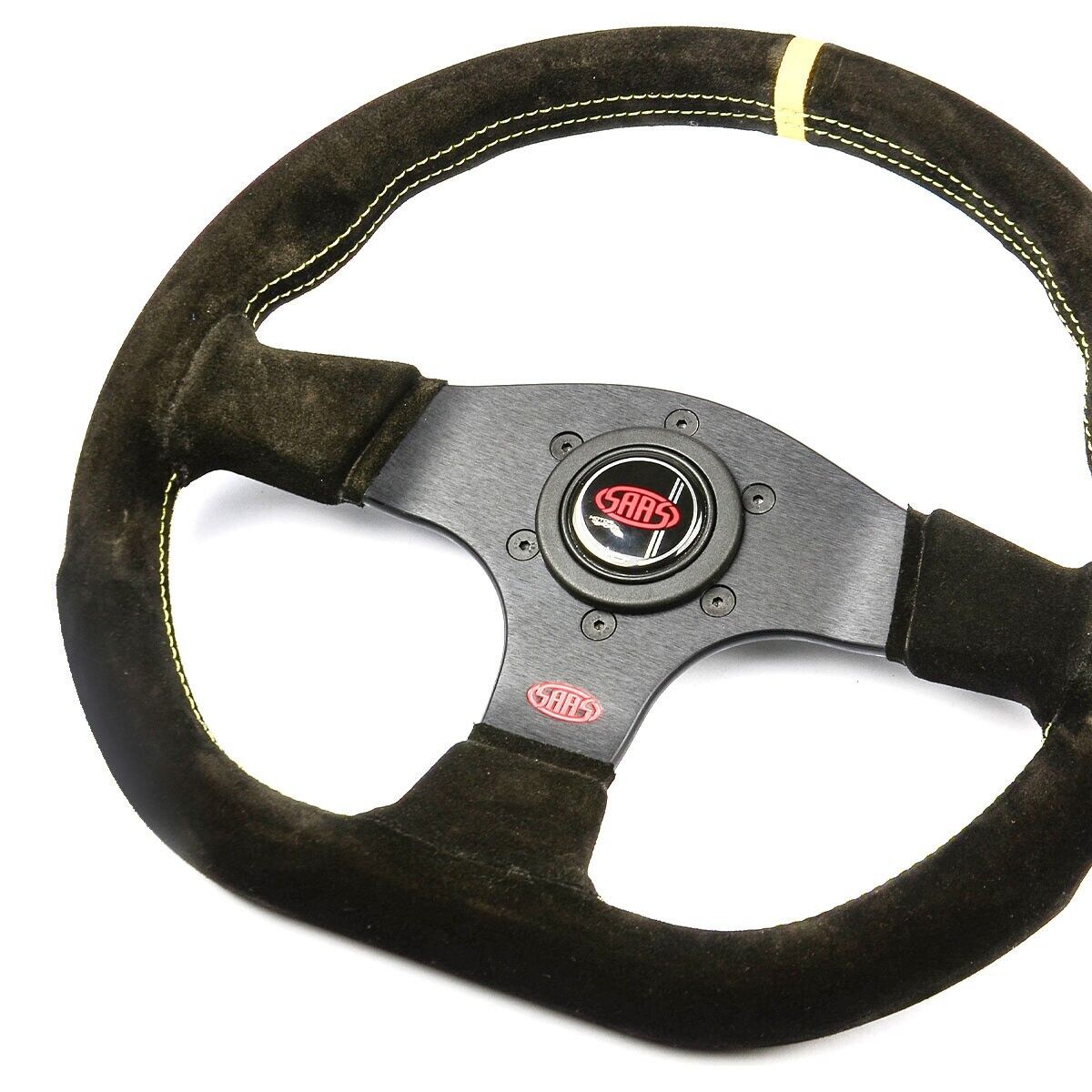 SAAS Steering Wheel Suede Pista 13"/330mm Indicator Contoured Grip Yellow Stitch