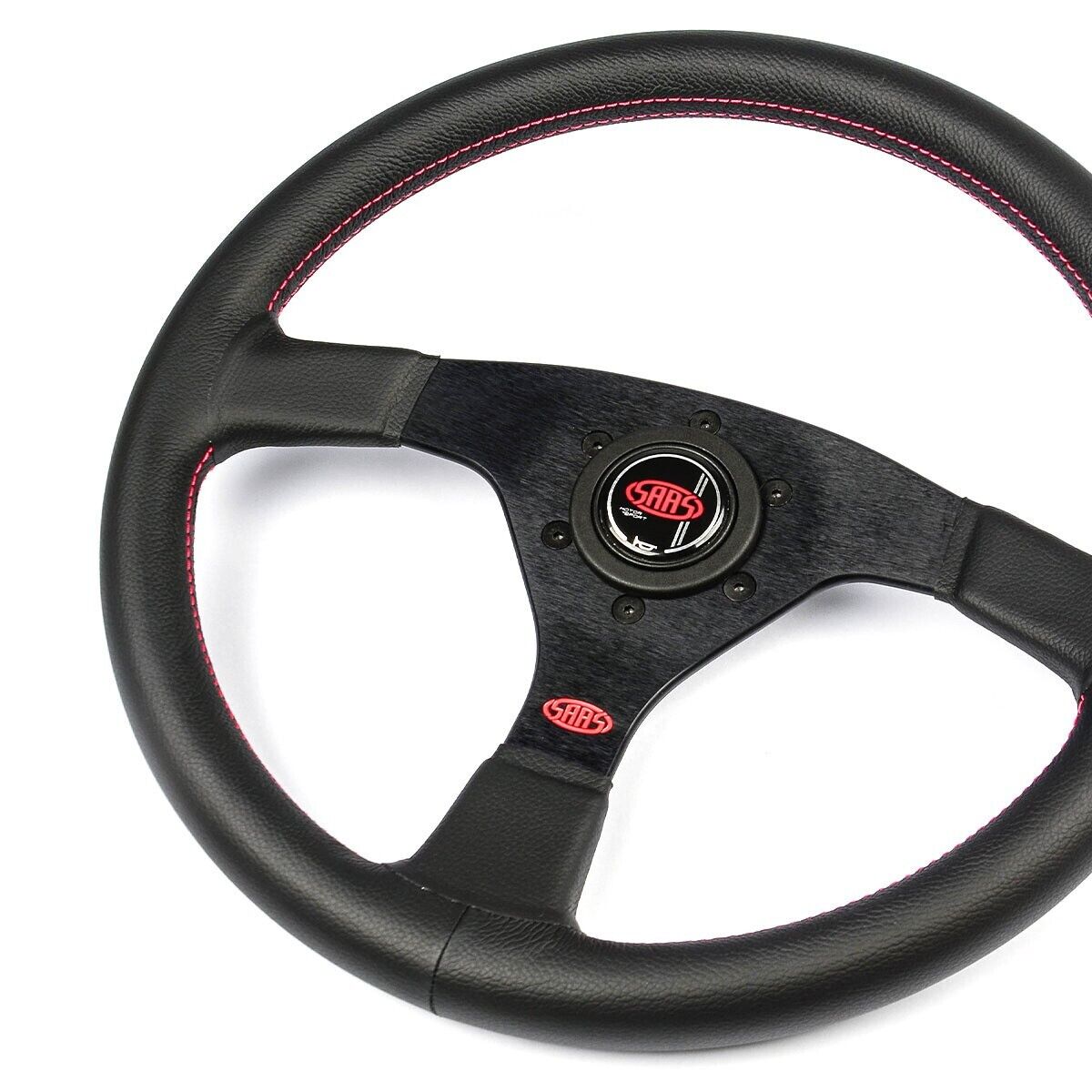 SAAS Steering Wheel Leather Sprint 14"/350mm Rounded Grip Red Stitch