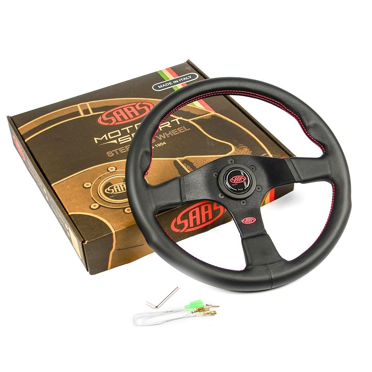 SAAS Steering Wheel Leather Corsa 14"/350mm Contoured Grip Red Stitch