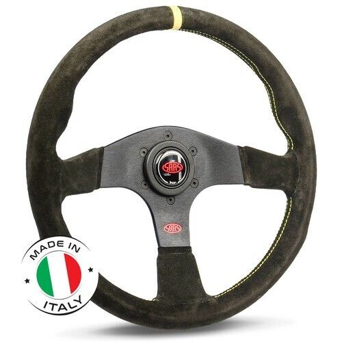 SAAS Steering Wheel Suede Corsa 14"/350mm Indicator Contoured Grip Yellow Stitch