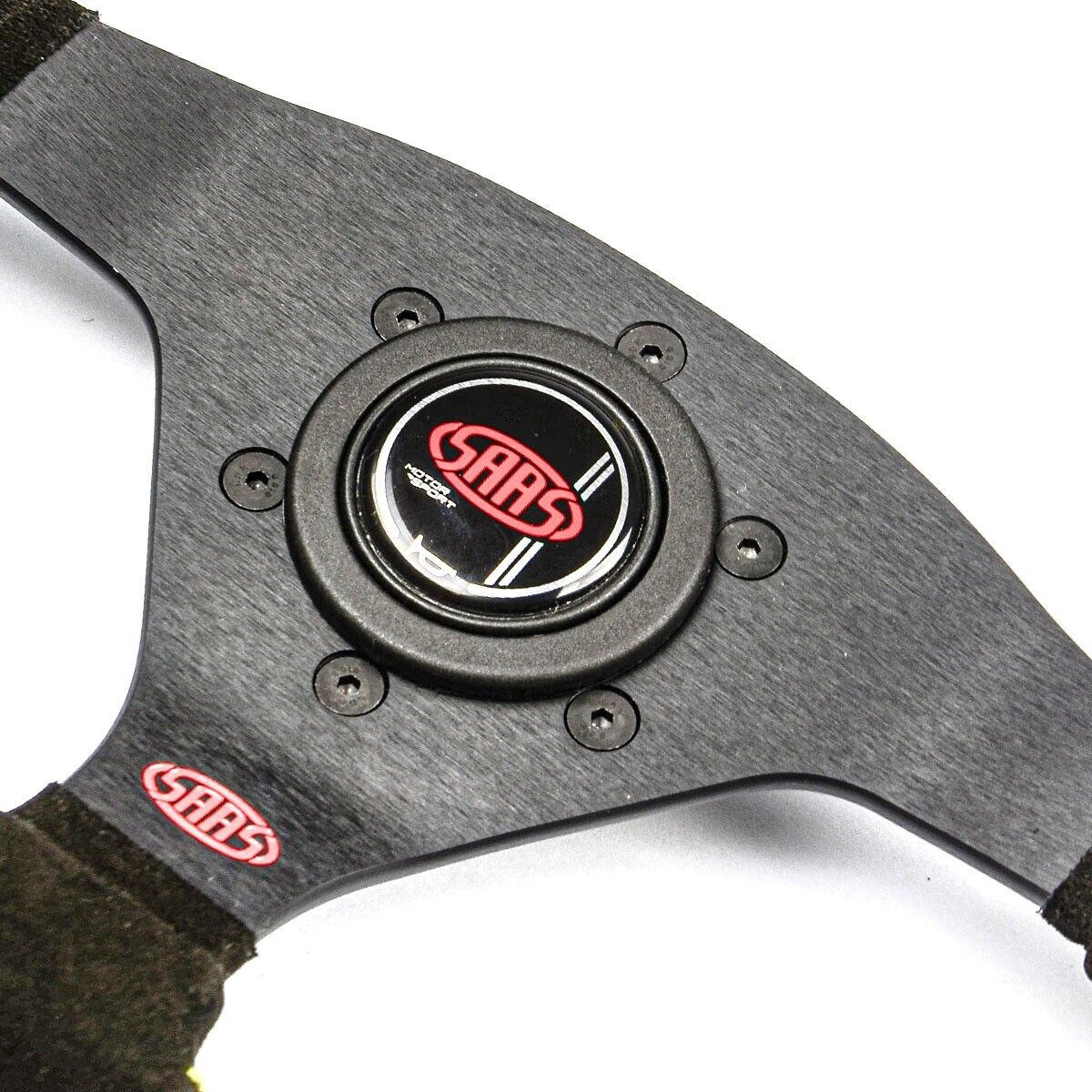 SAAS Steering Wheel Suede Racing 12.6"/320mm Indicator Rounded Grip Yellw Stitch