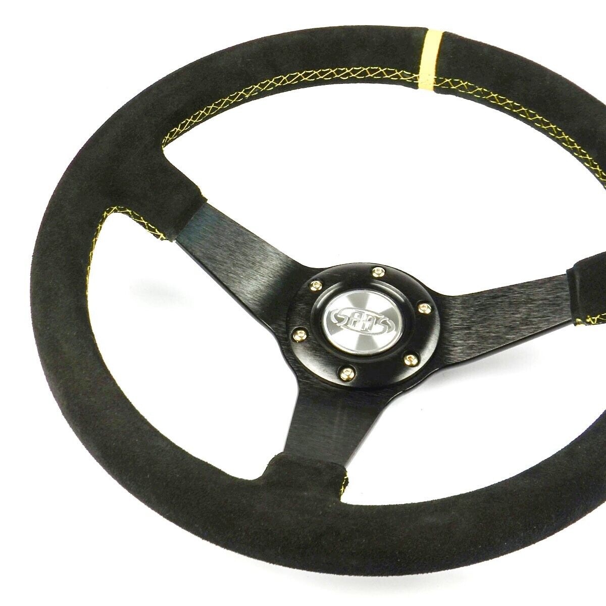 SAAS Steering Wheel Suede 350mm ADR Drifter Yellow Stitch