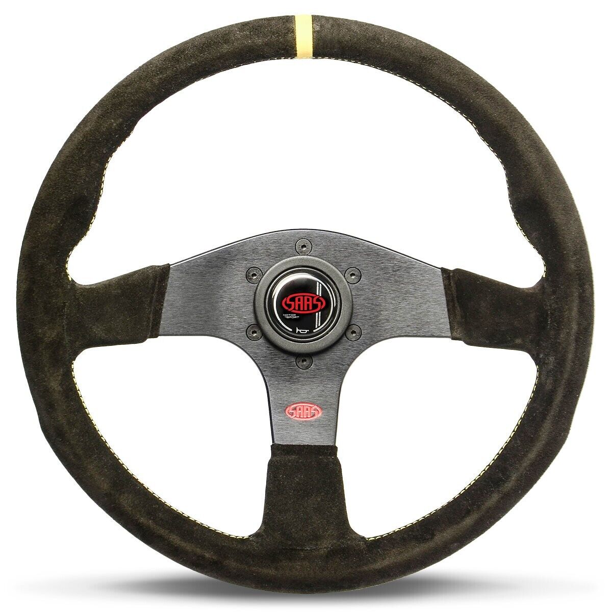 SAAS Steering Wheel Suede Corsa 14"/350mm Indicator Contoured Grip Yellow Stitch