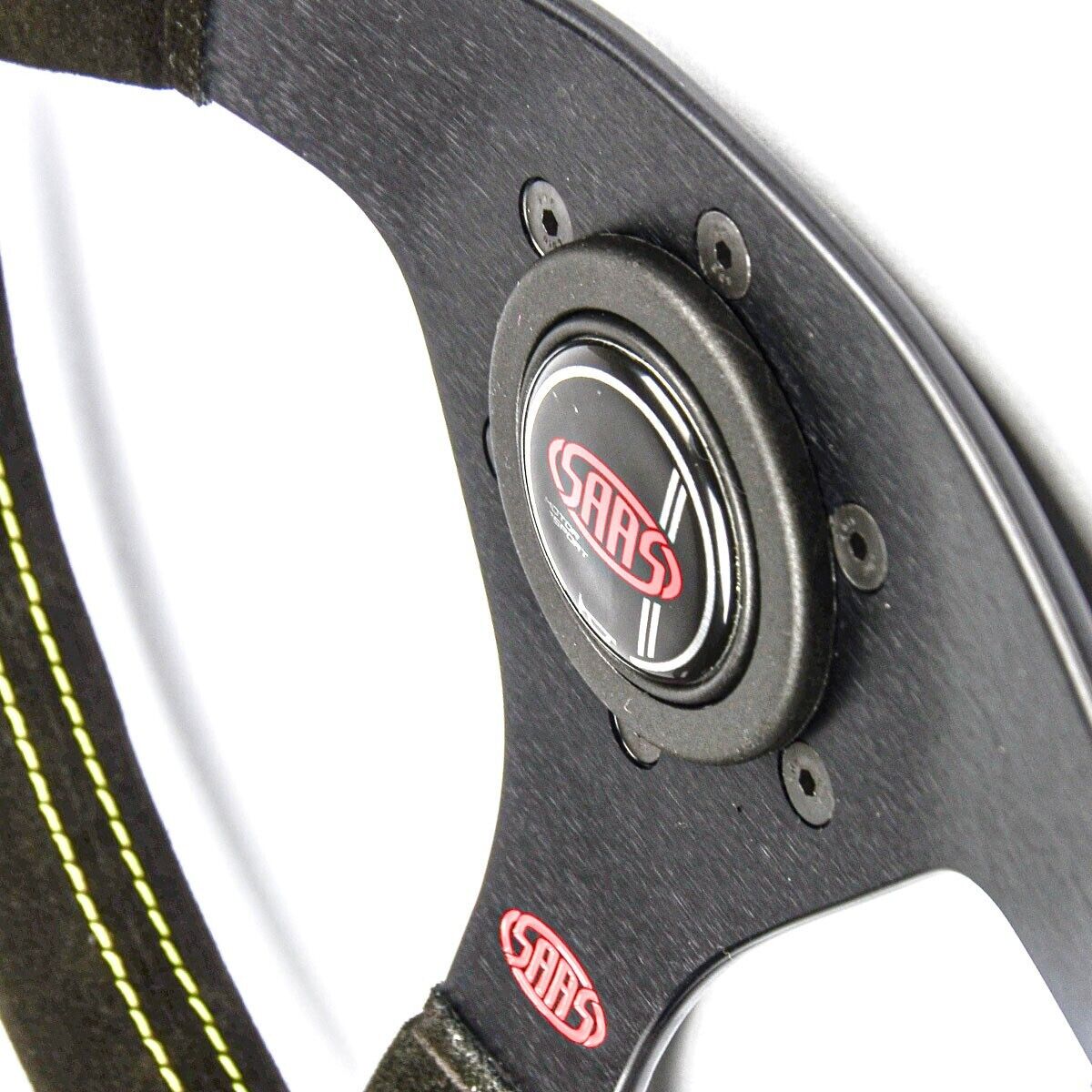 SAAS Steering Wheel Suede Sprint 14"/350mm Indicator Rounded Grip Yellow Stitch