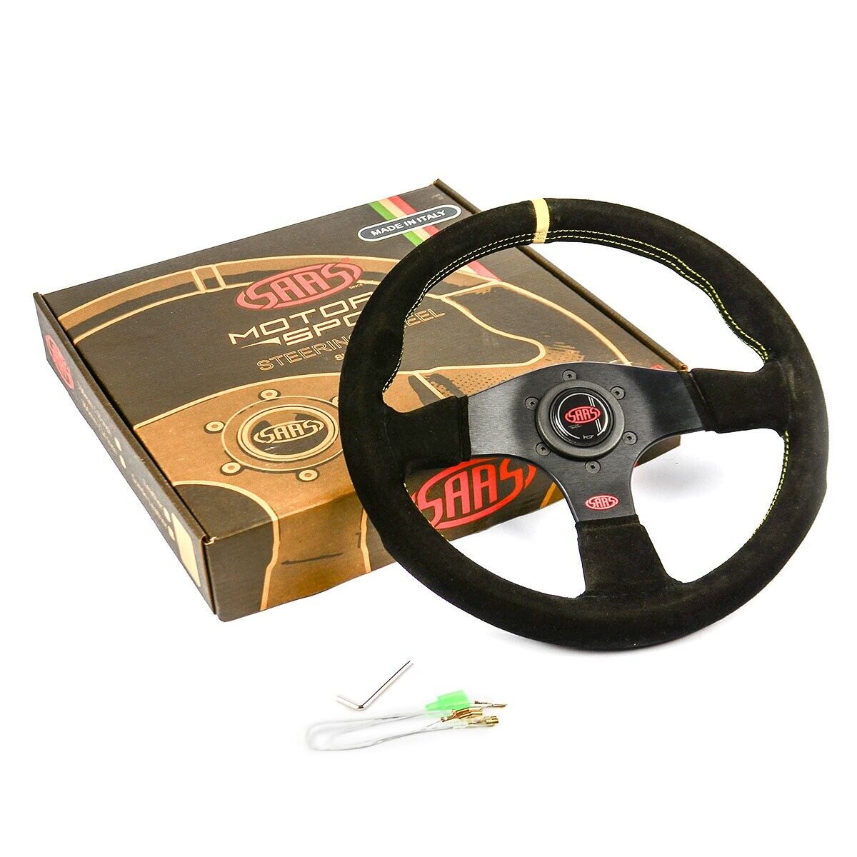 SAAS Steering Wheel Suede Corsa 13"/330mm Indicator Contoured Grip Yellow Stitch