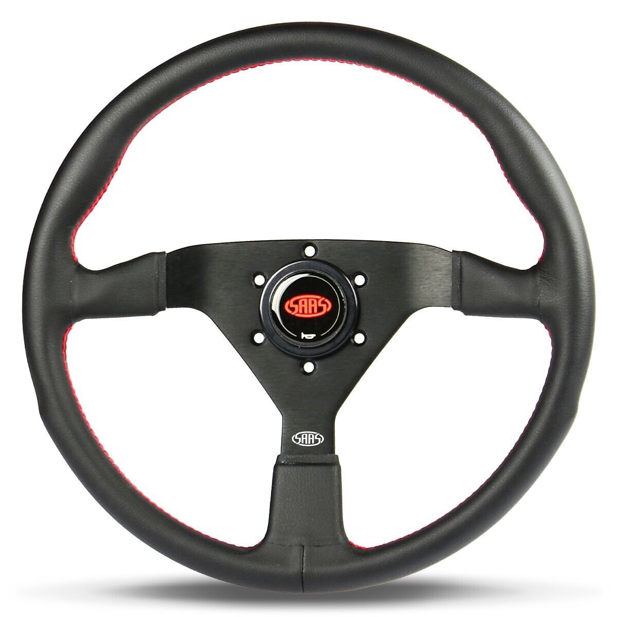 SAAS Steering Wheel Leatherette 14" ADR Black Spoke Red Euro Stitch