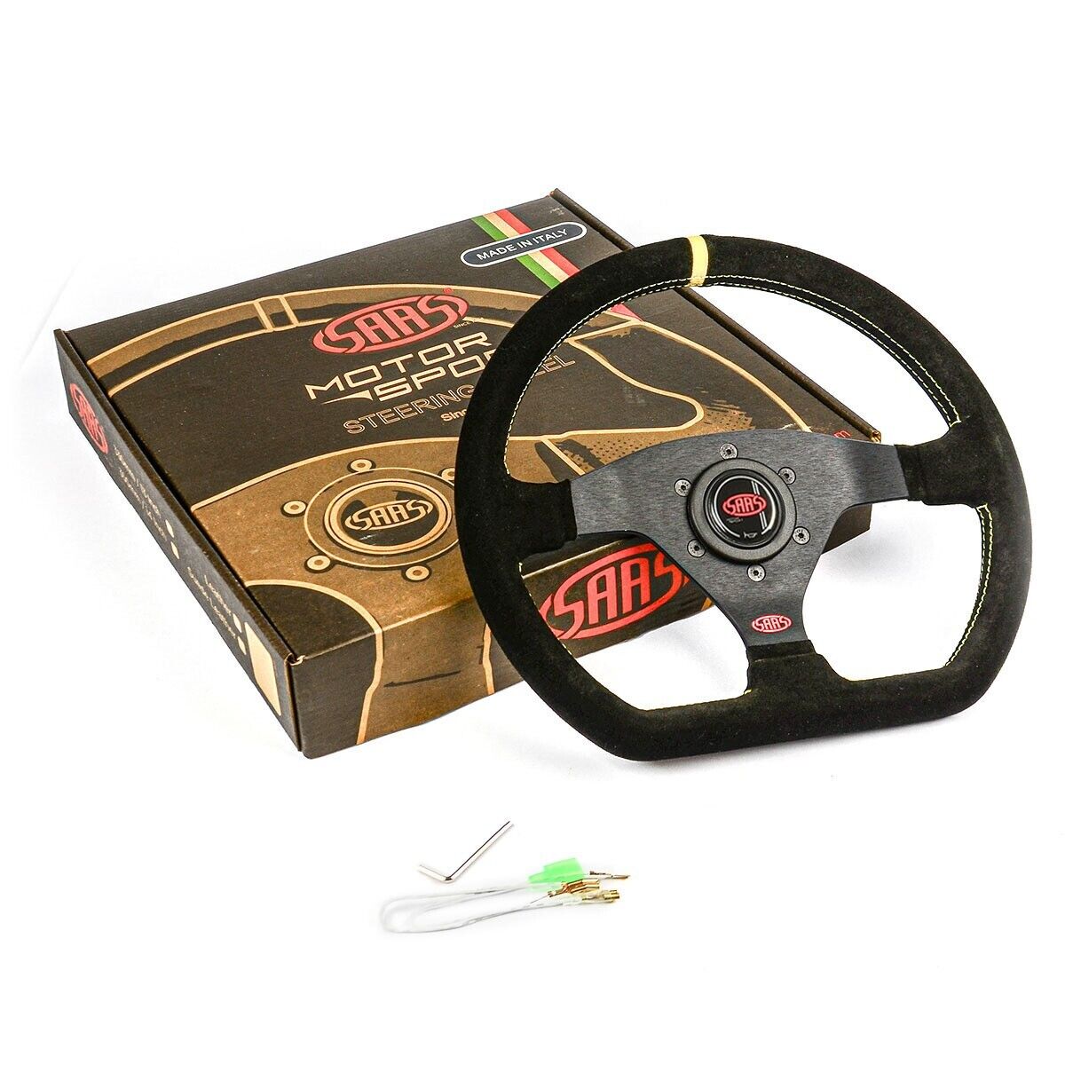 SAAS Steering Wheel Suede Racing 12.6"/320mm Indicator Rounded Grip Yellw Stitch