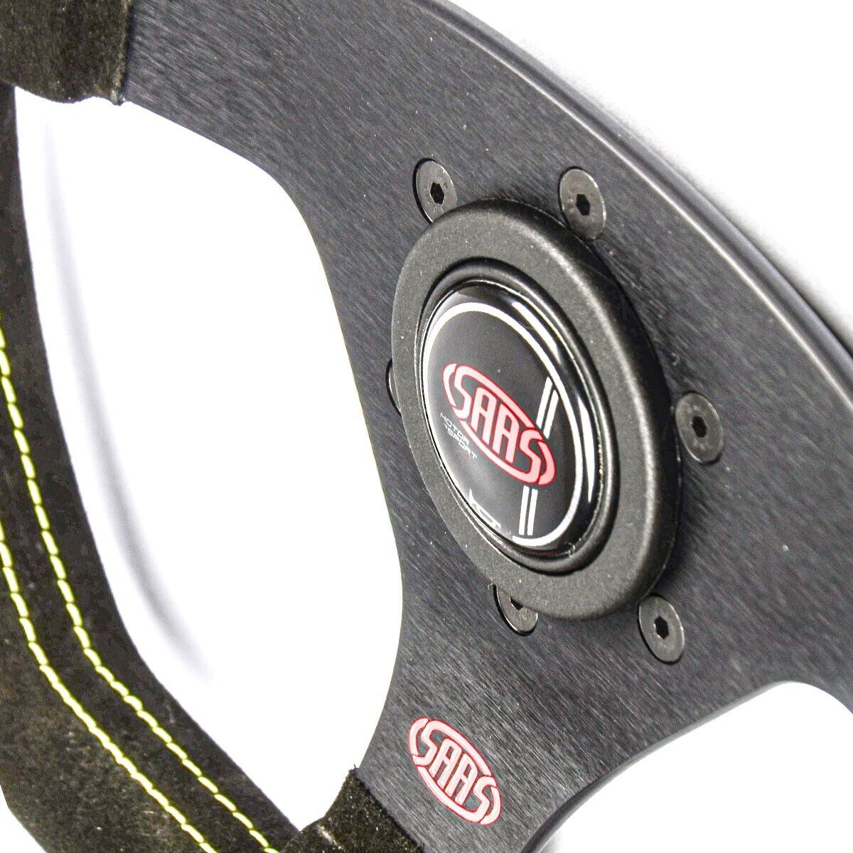 SAAS Steering Wheel Suede Racing 12.6"/320mm Indicator Rounded Grip Yellw Stitch