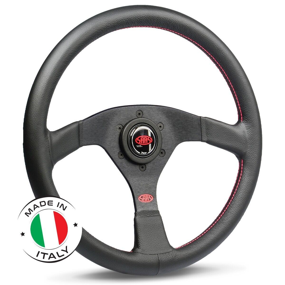 SAAS Steering Wheel Leather Sprint 14"/350mm Rounded Grip Red Stitch