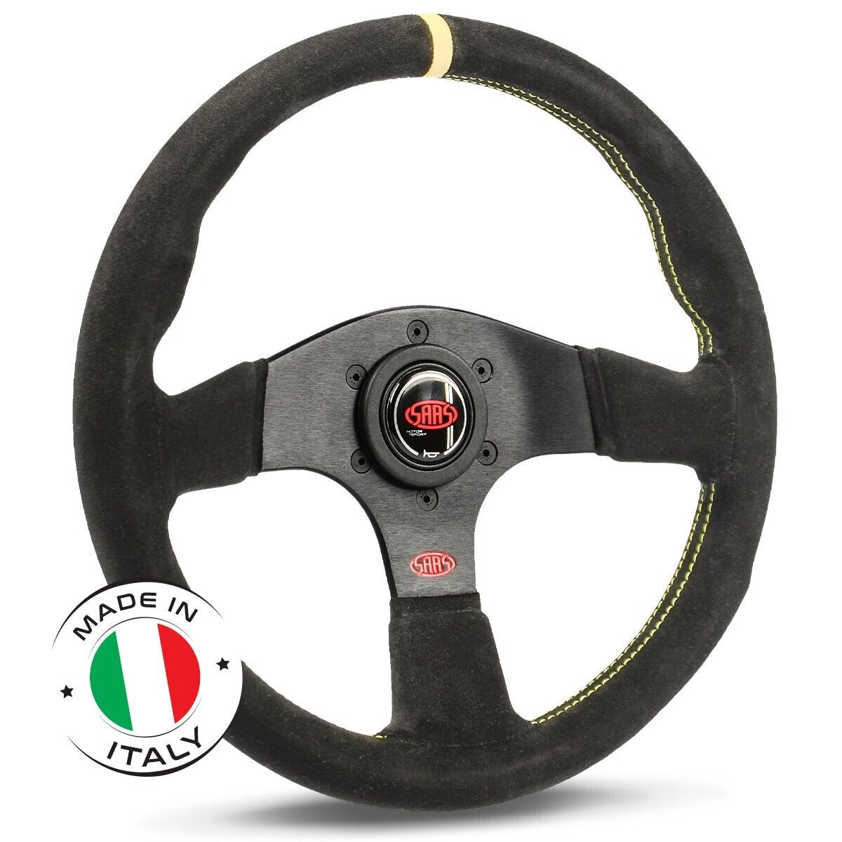 SAAS Steering Wheel Suede Corsa 13"/330mm Indicator Contoured Grip Yellow Stitch