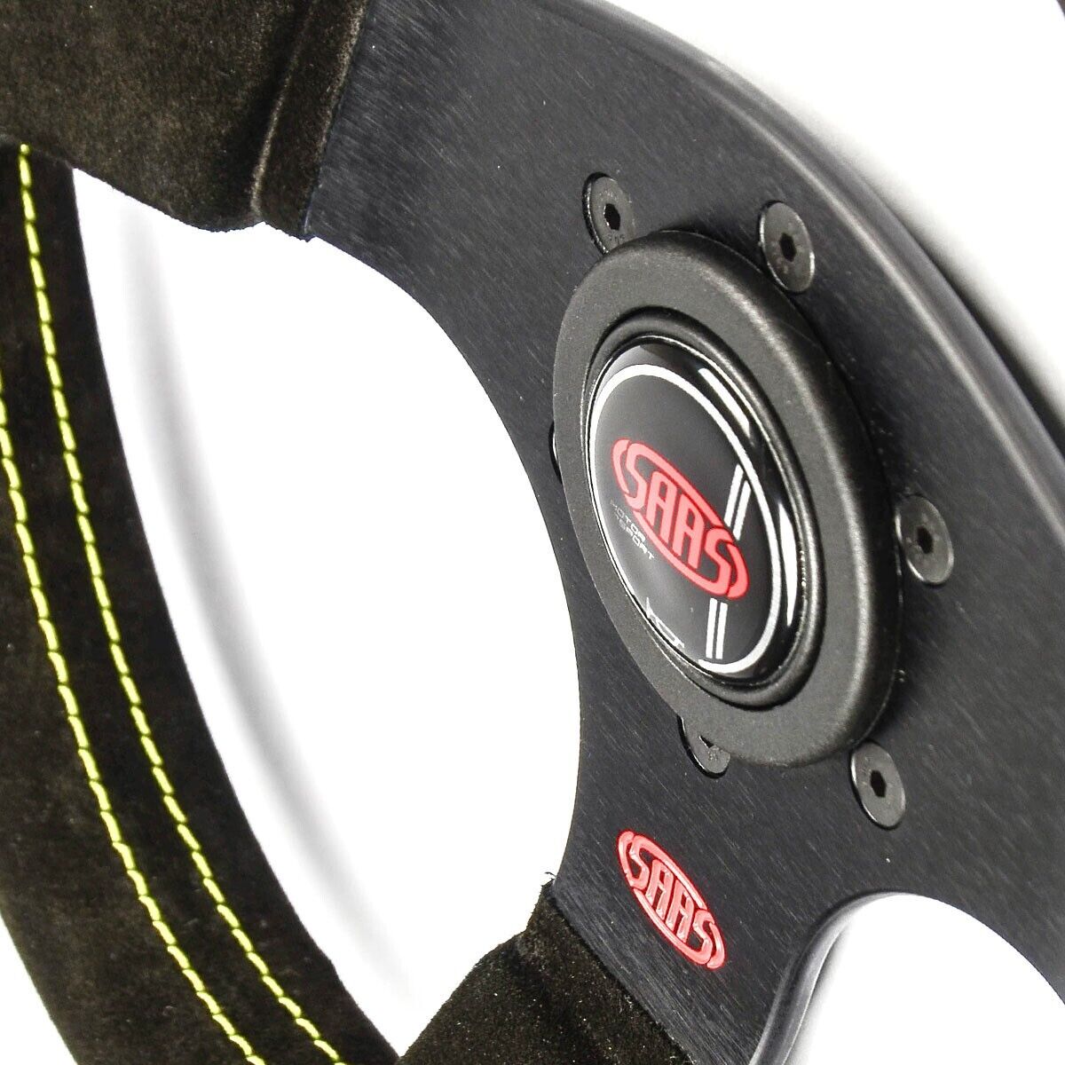 SAAS Steering Wheel Suede Pista 13"/330mm Indicator Contoured Grip Yellow Stitch