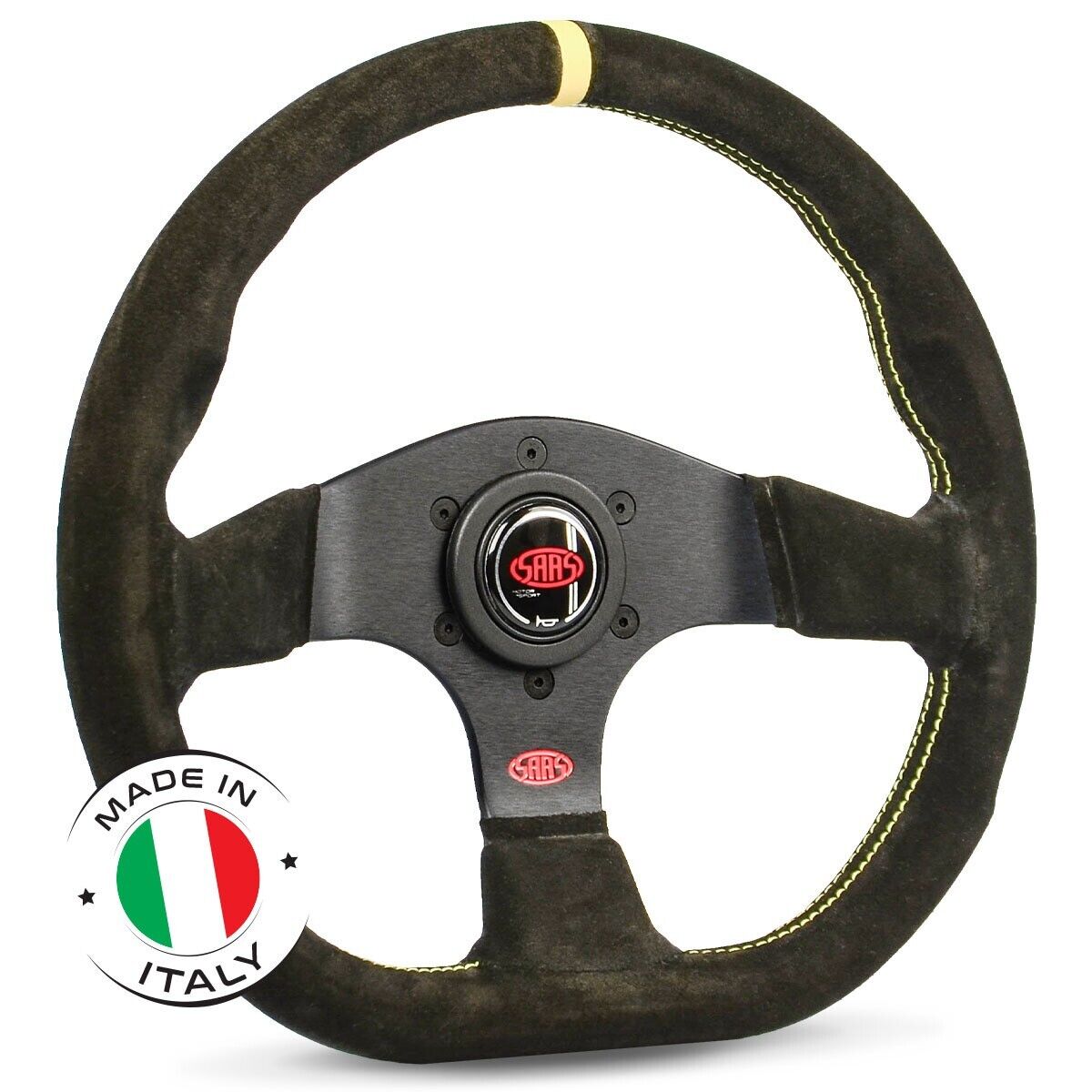 SAAS Steering Wheel Suede Pista 13"/330mm Indicator Contoured Grip Yellow Stitch