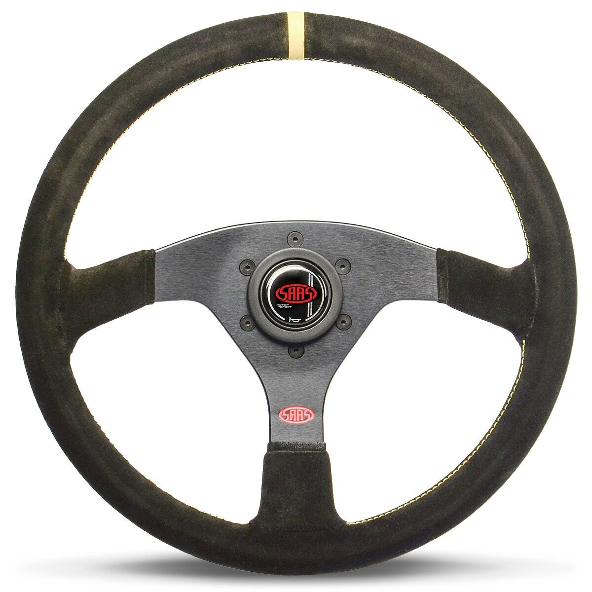 SAAS Steering Wheel Suede Sprint 14"/350mm Indicator Rounded Grip Yellow Stitch