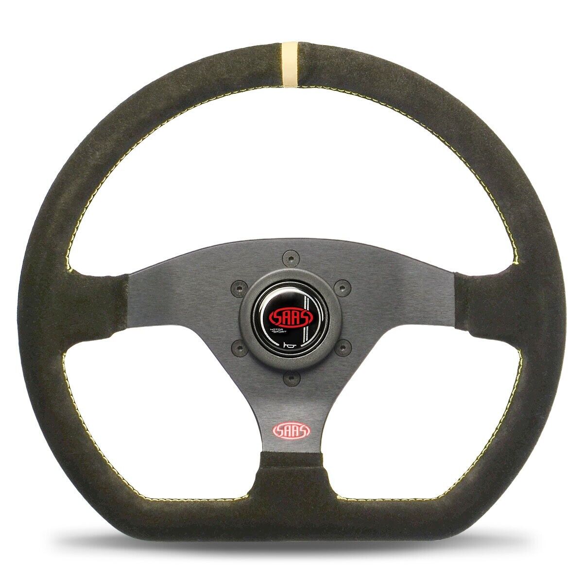 SAAS Steering Wheel Suede Racing 12.6"/320mm Indicator Rounded Grip Yellw Stitch