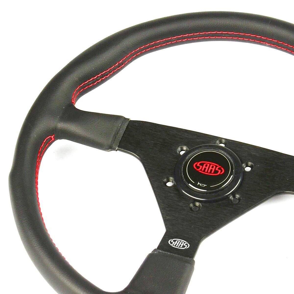 SAAS Steering Wheel Leatherette 350mm ADR Black Spoke Red Euro Stitch