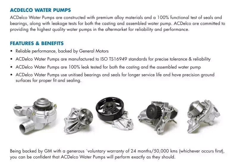 Genuine AC Delco Water Pump Suitable For Ford Falcon BA BF FG FGX 4.0L 2002-2016