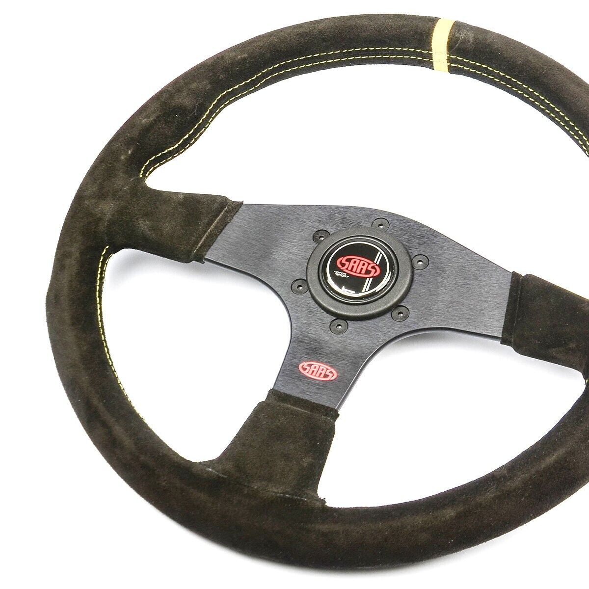 SAAS Steering Wheel Suede Corsa 14"/350mm Indicator Contoured Grip Yellow Stitch