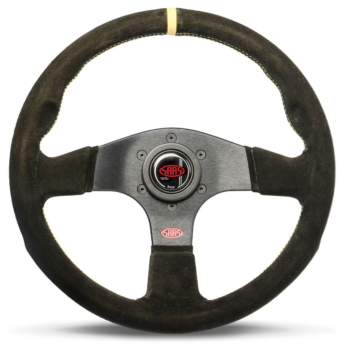 SAAS Steering Wheel Suede Corsa 13"/330mm Indicator Contoured Grip Yellow Stitch