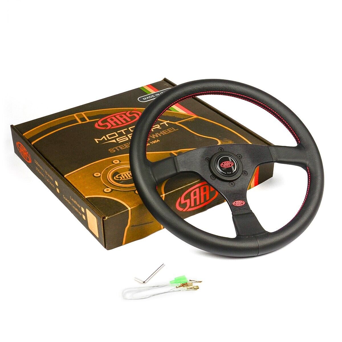 SAAS Steering Wheel Leather Sprint 14"/350mm Rounded Grip Red Stitch