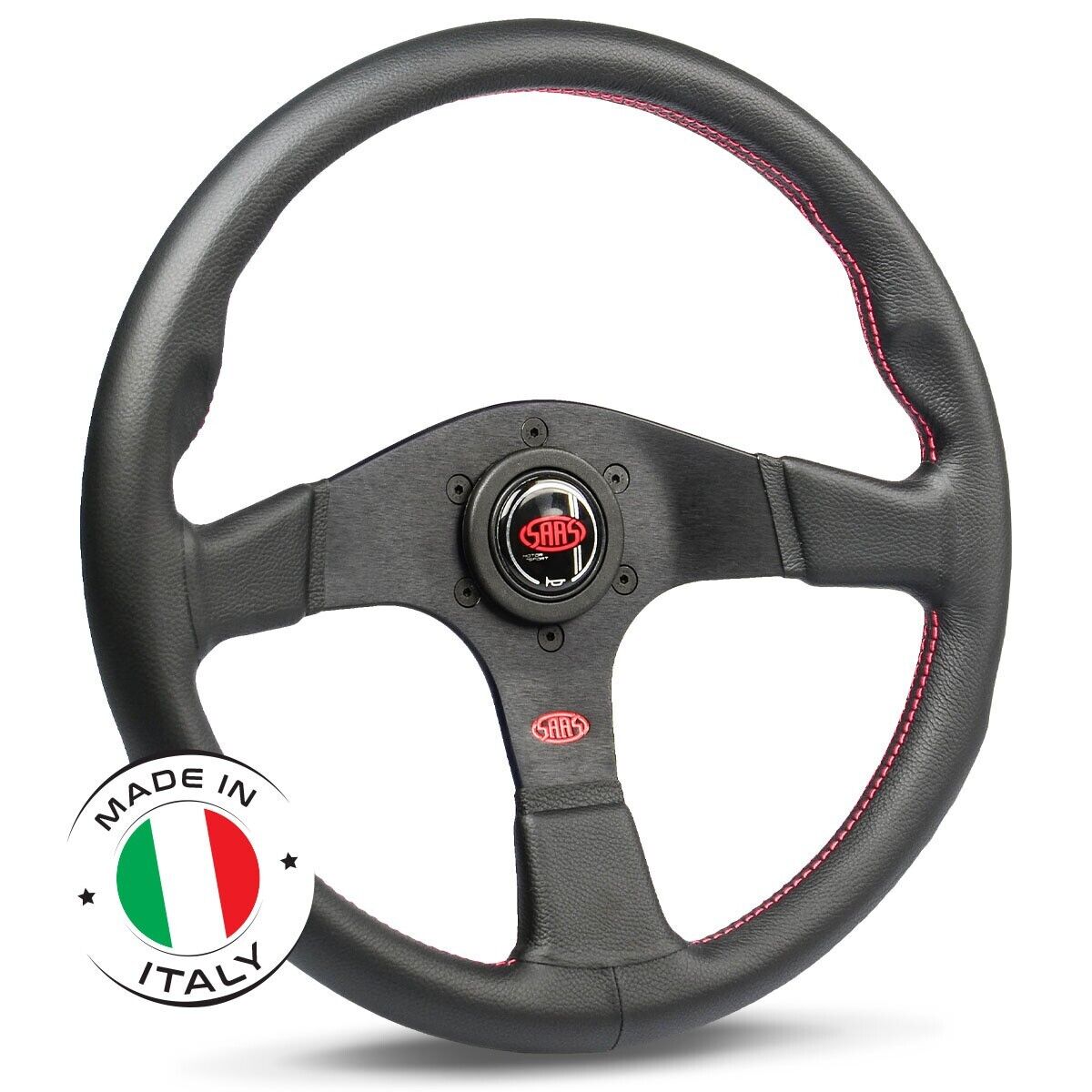 SAAS Steering Wheel Leather Corsa 14"/350mm Contoured Grip Red Stitch