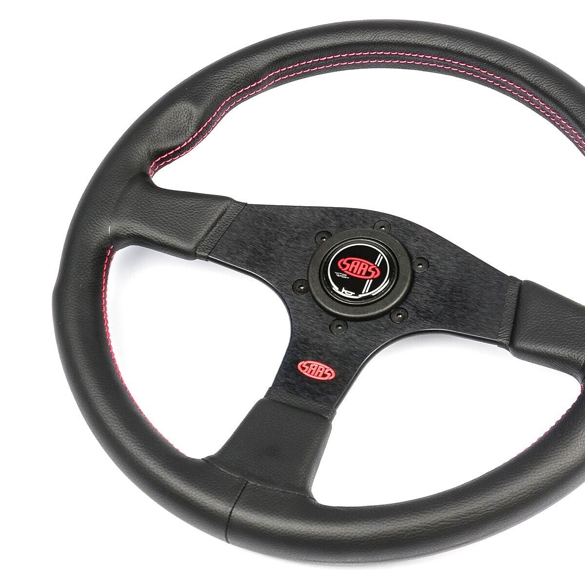 SAAS Steering Wheel Leather Corsa 14"/350mm Contoured Grip Red Stitch