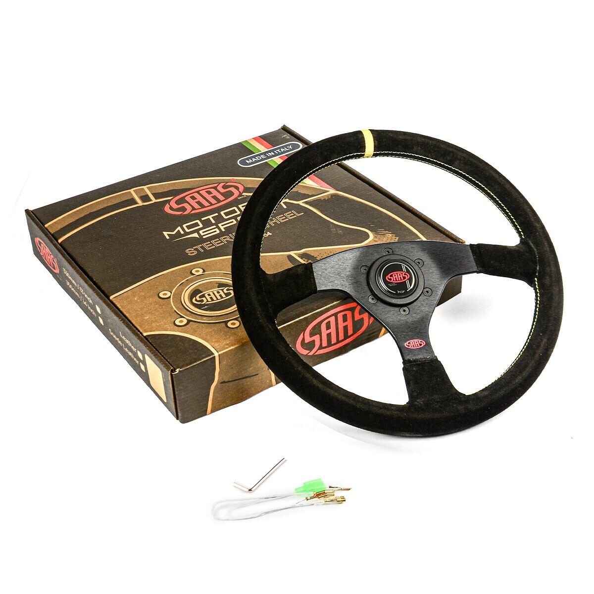 SAAS Steering Wheel Suede Sprint 14"/350mm Indicator Rounded Grip Yellow Stitch