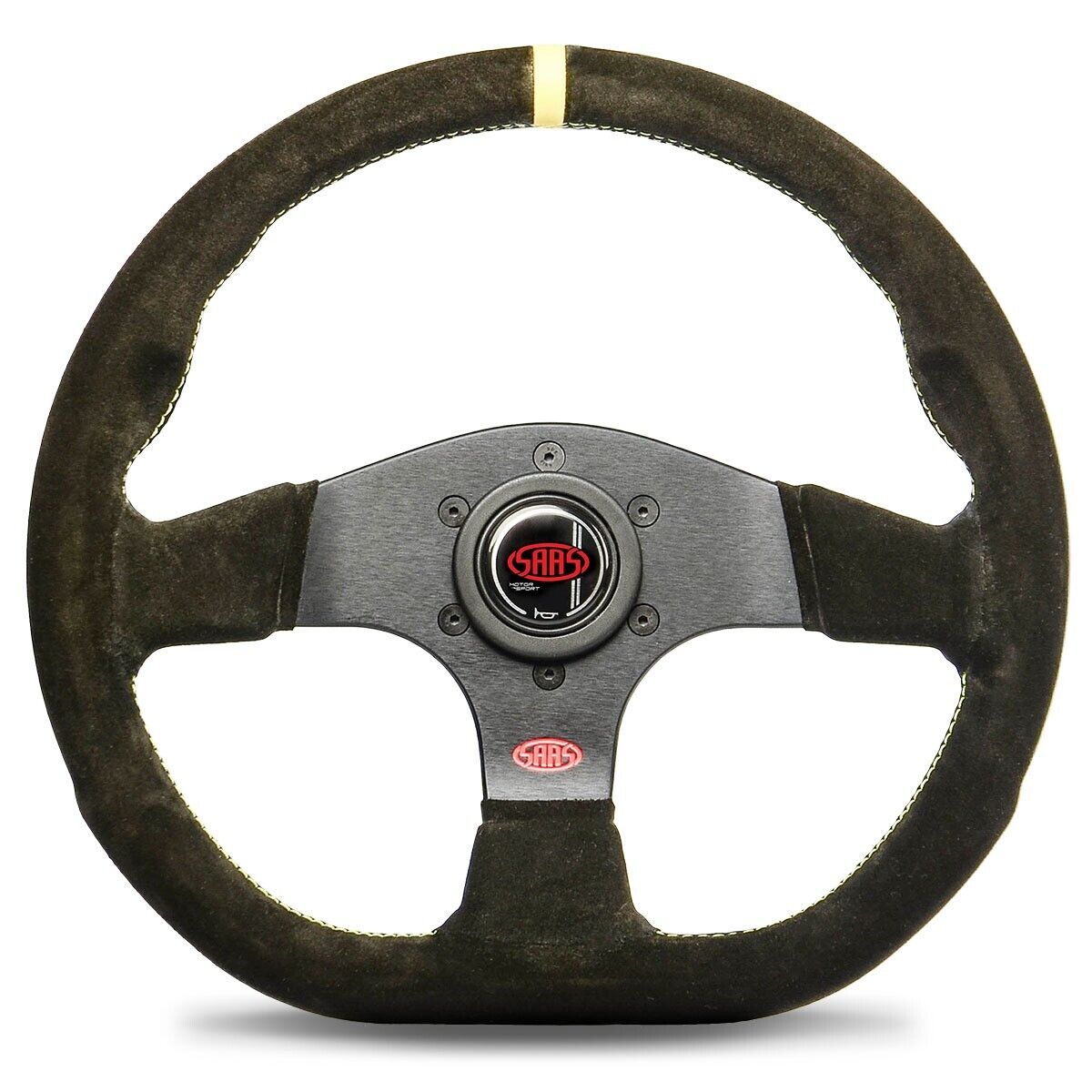 SAAS Steering Wheel Suede Pista 13"/330mm Indicator Contoured Grip Yellow Stitch