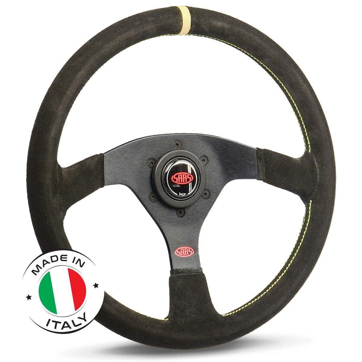 SAAS Steering Wheel Suede Sprint 14"/350mm Indicator Rounded Grip Yellow Stitch