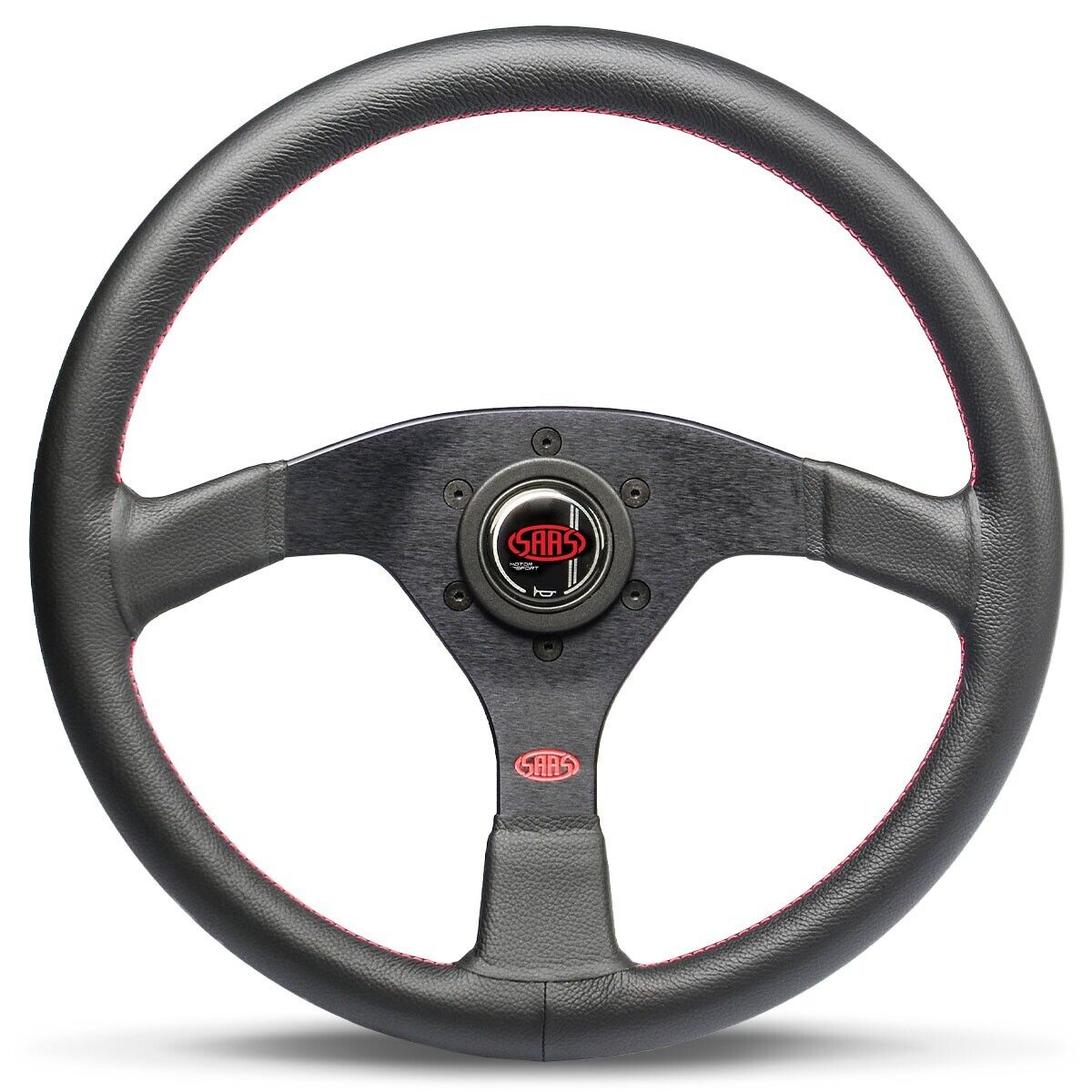 SAAS Steering Wheel Leather Sprint 14"/350mm Rounded Grip Red Stitch