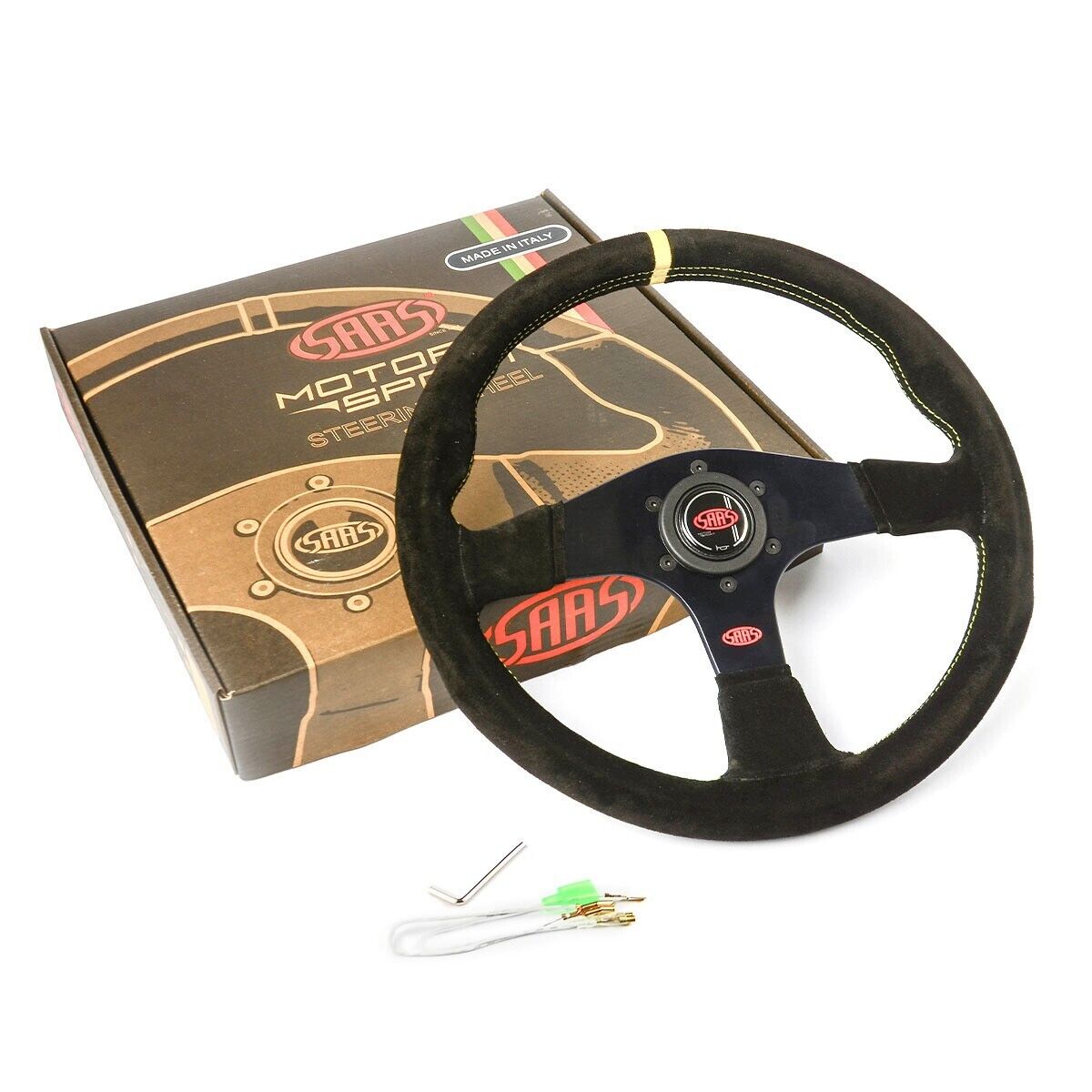 SAAS Steering Wheel Suede Corsa 14"/350mm Indicator Contoured Grip Yellow Stitch