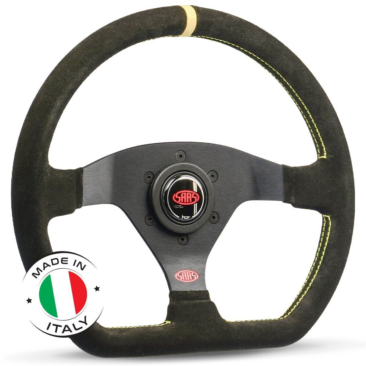 SAAS Steering Wheel Suede Racing 12.6"/320mm Indicator Rounded Grip Yellw Stitch